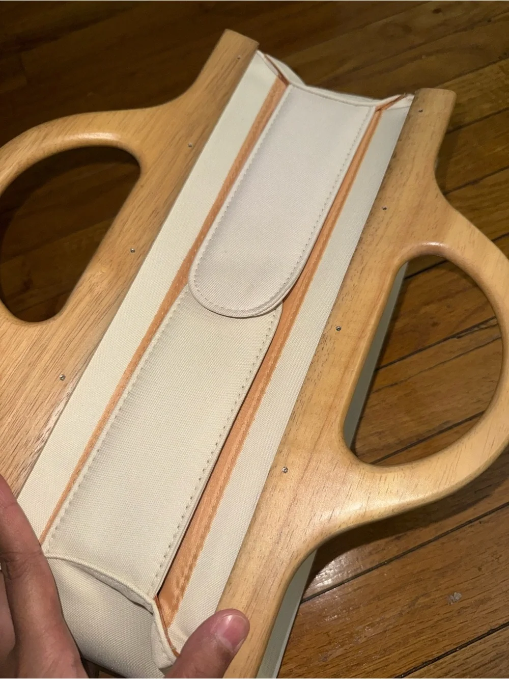 Cream Clutch with Sculpted Wood Handle